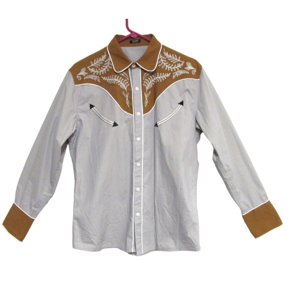 Coofandy Mens Gray and Brown Embordered Long Sleeve Country Shirt